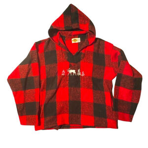 Earth Ragz Buffalo Plaid Flannel Pullover Hoodie Grunge 90s Embroidered Deer XL